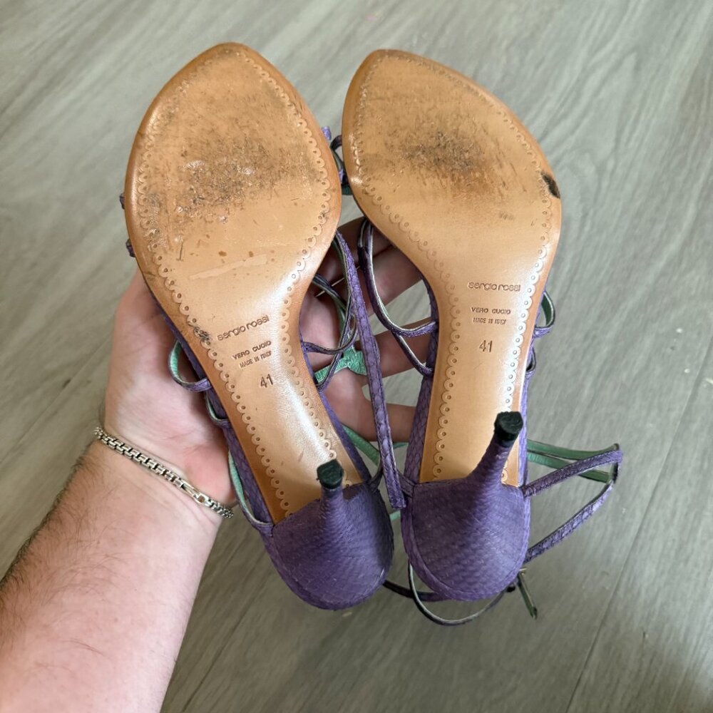 Sergio Rossi Purple Strappy Heels with Mint Green Insole - Picture 5 of 6